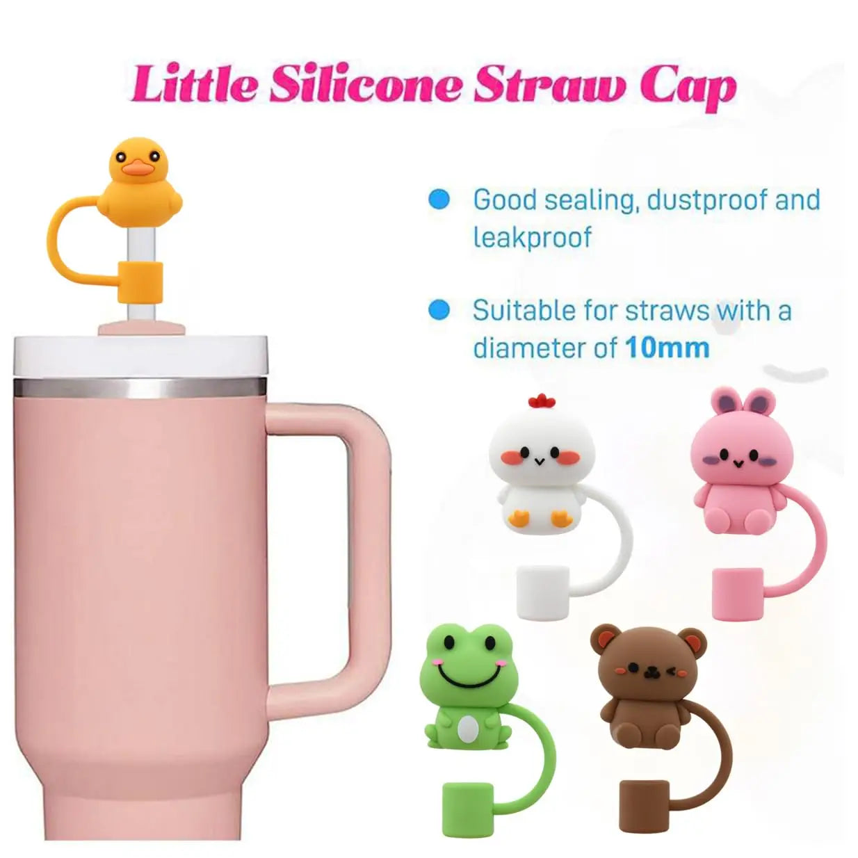 Silicone 5Pcs Animal Shape Reusable10mm Straw Topper For Stanley Cup Accessories Dust-Proof Straw Cover Tips Lids