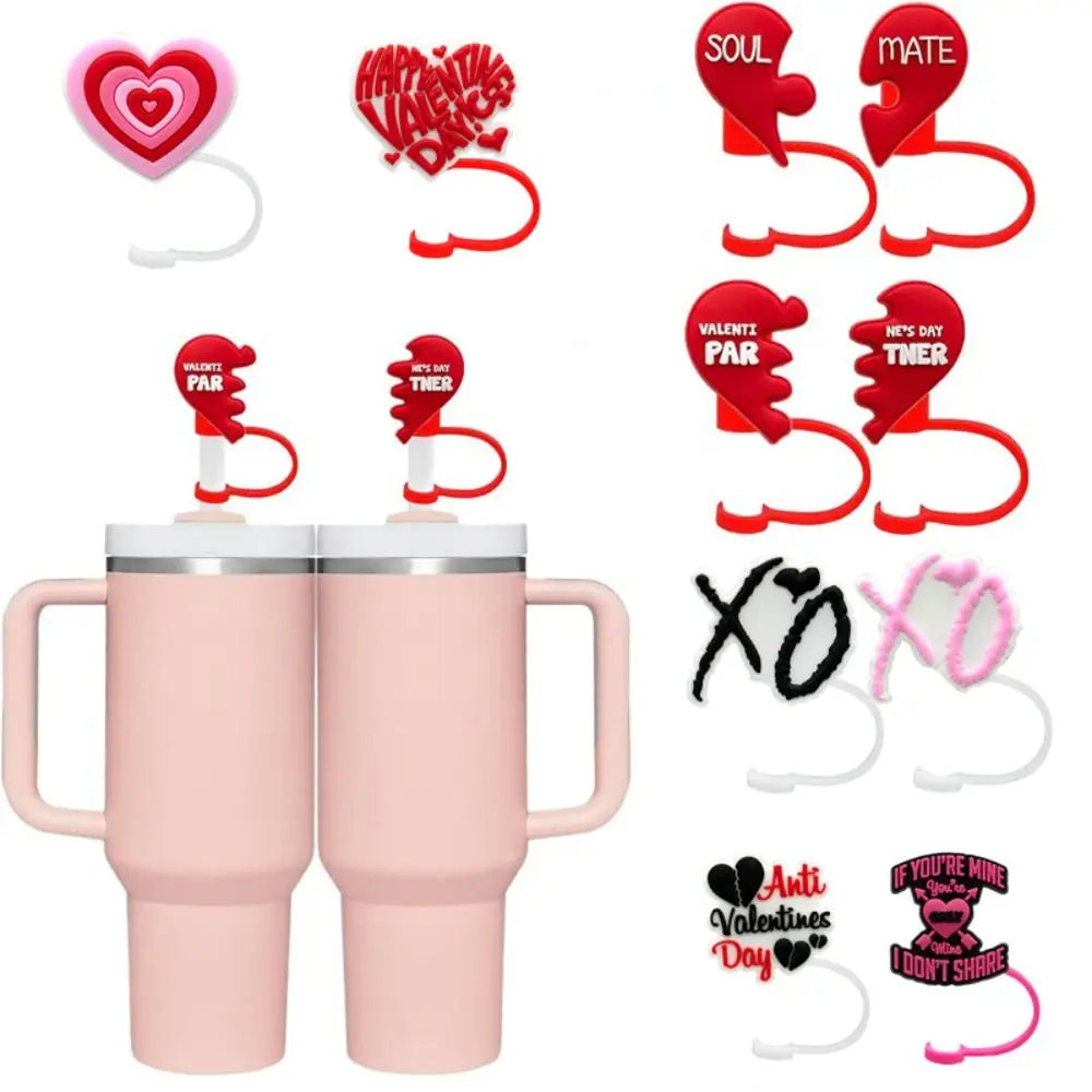 Silicone 5Pcs Straw Covers Cap for Stanley Cup Heart Straw Cover Cap Valentine's Day Drinking Straw Tips Covers for 6-8 mm Straw