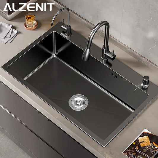 304 Stainless Steel Gun Gray Kitchen Sink Farmhouse Above Counter Single Bowel Wash Basin With Gourmet Faucet Drain Accessories