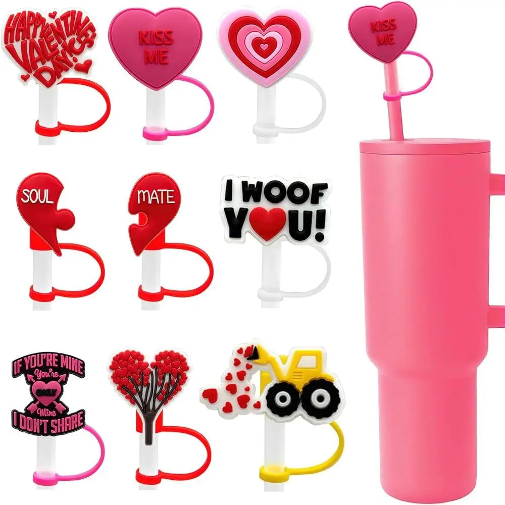 Silicone 5Pcs Straw Covers Cap for Stanley Cup Heart Straw Cover Cap Valentine's Day Drinking Straw Tips Covers for 6-8 mm Straw